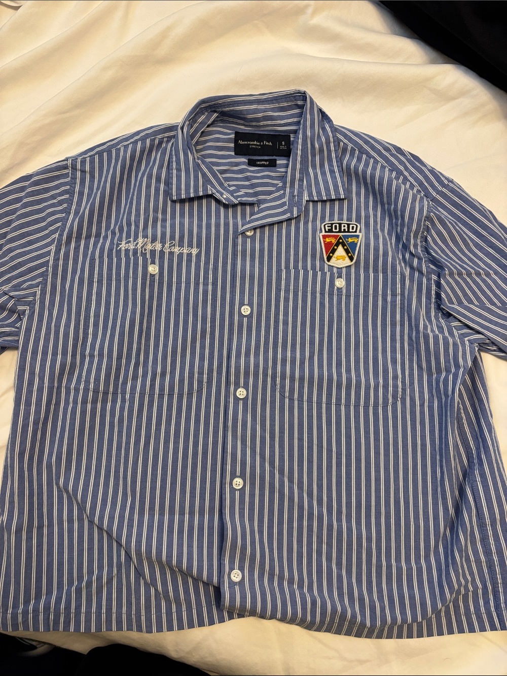 Abercrombie & Fitch Blue and White Striped Button-Down Shirt with Ford Patch